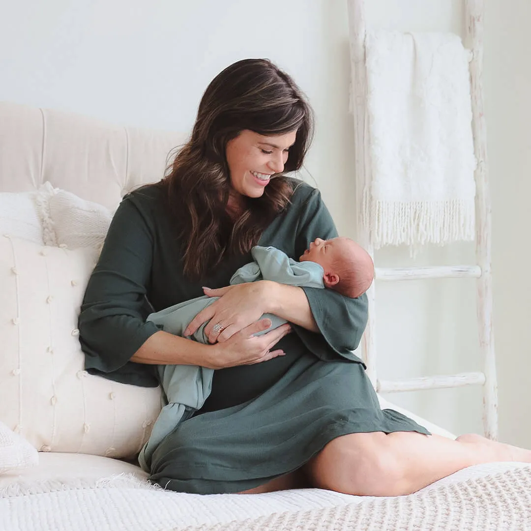 Forest Green Ribbed Bamboo Knit Maternity Robe