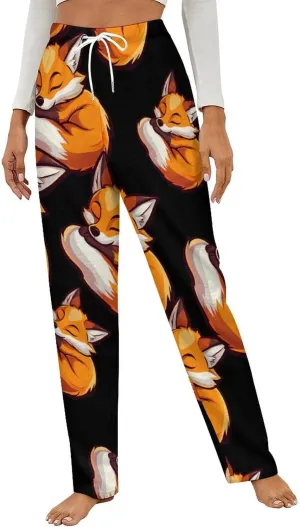 Fox Sleeping Print Women's Pajama Pants Fleece Warm Pj Bottoms Sleepwear Lounge Pants Loungewear