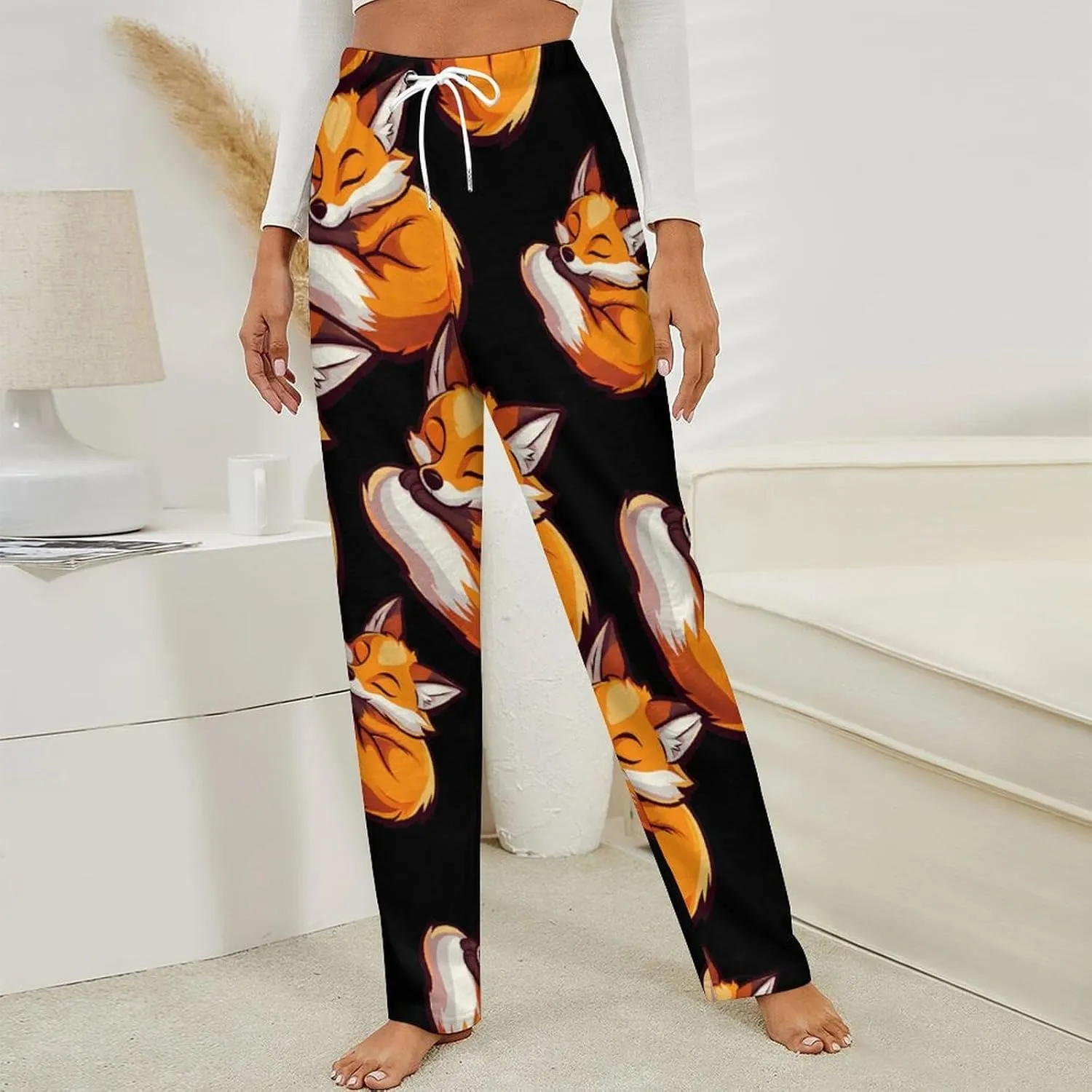 Fox Sleeping Print Women's Pajama Pants Fleece Warm Pj Bottoms Sleepwear Lounge Pants Loungewear