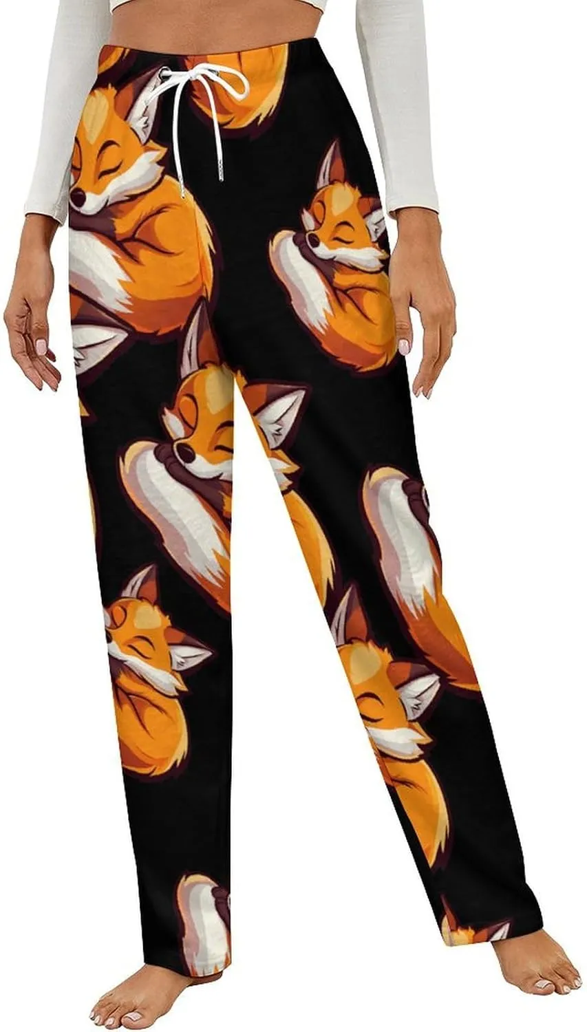 Fox Sleeping Print Women's Pajama Pants Fleece Warm Pj Bottoms Sleepwear Lounge Pants Loungewear