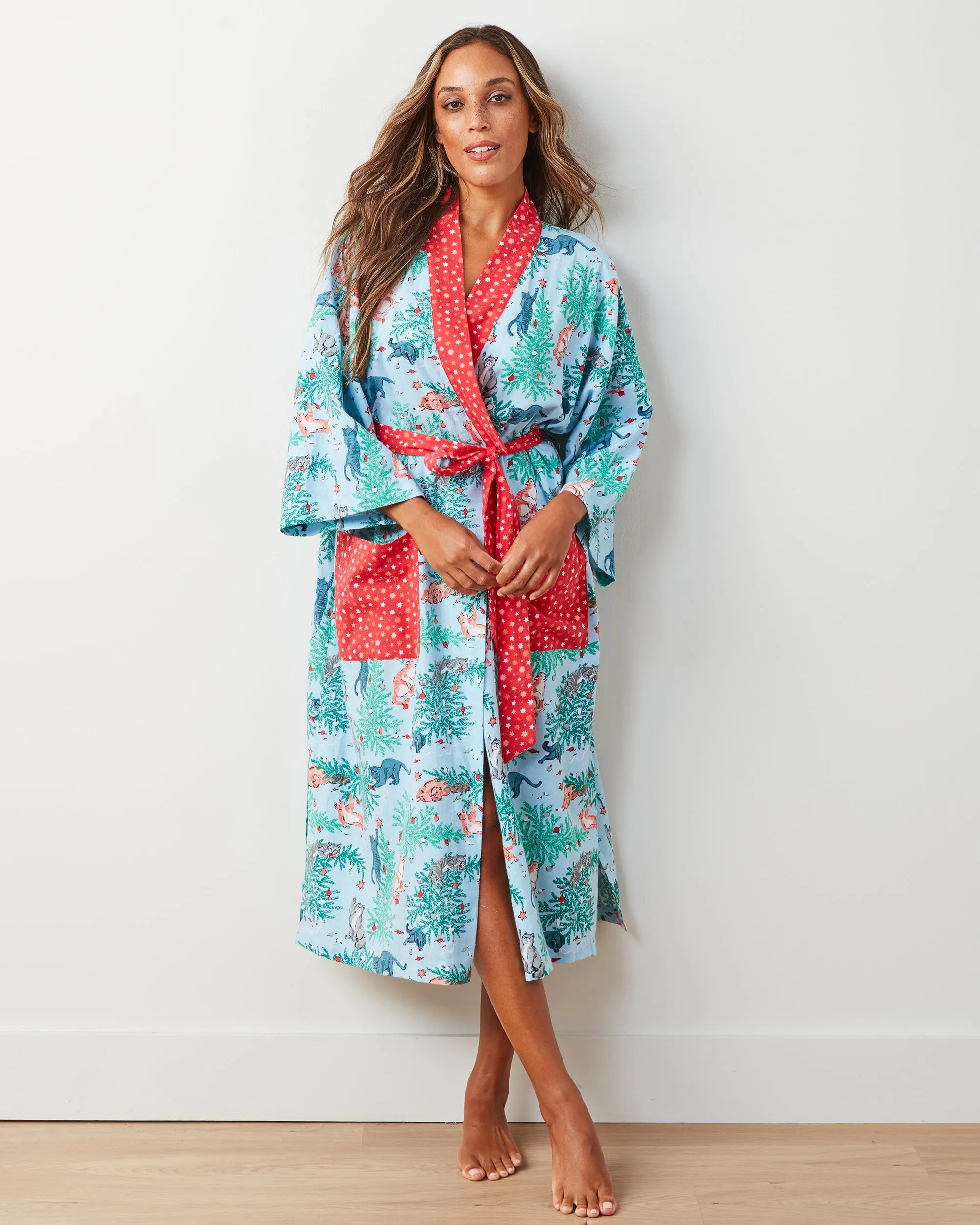Frisky Firs - Lightweight Flannel Robe - Twinkling Blue