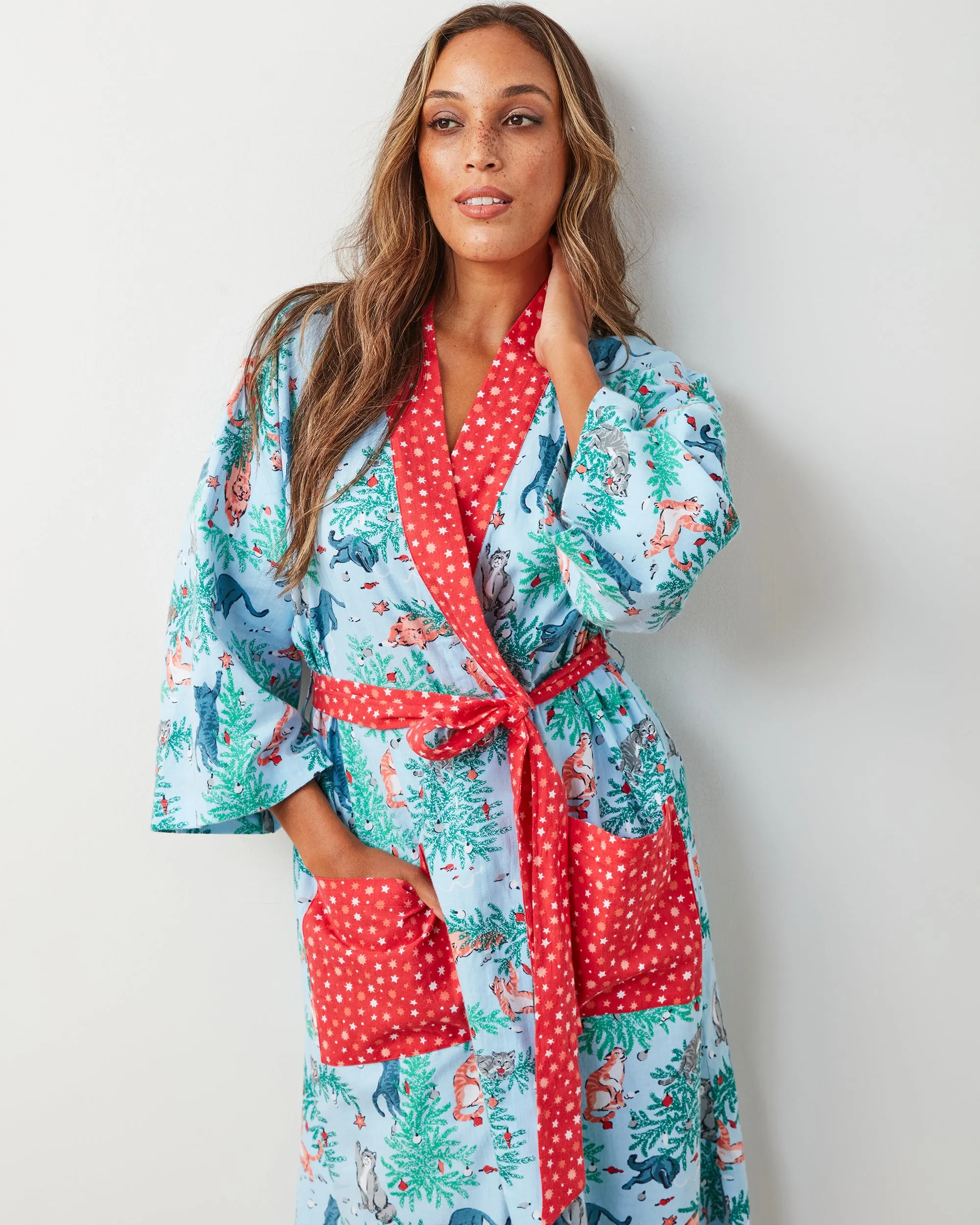 Frisky Firs - Lightweight Flannel Robe - Twinkling Blue