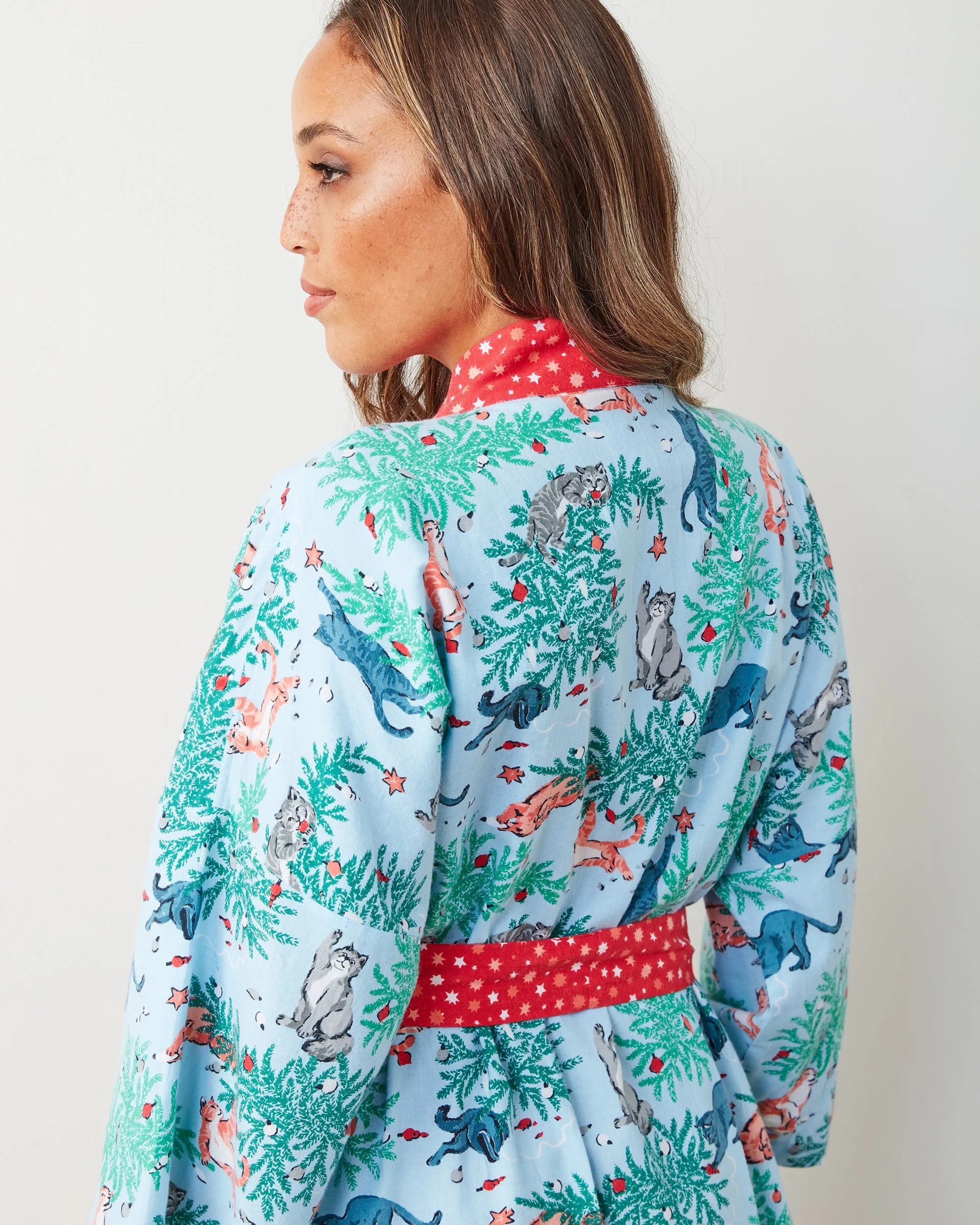 Frisky Firs - Lightweight Flannel Robe - Twinkling Blue