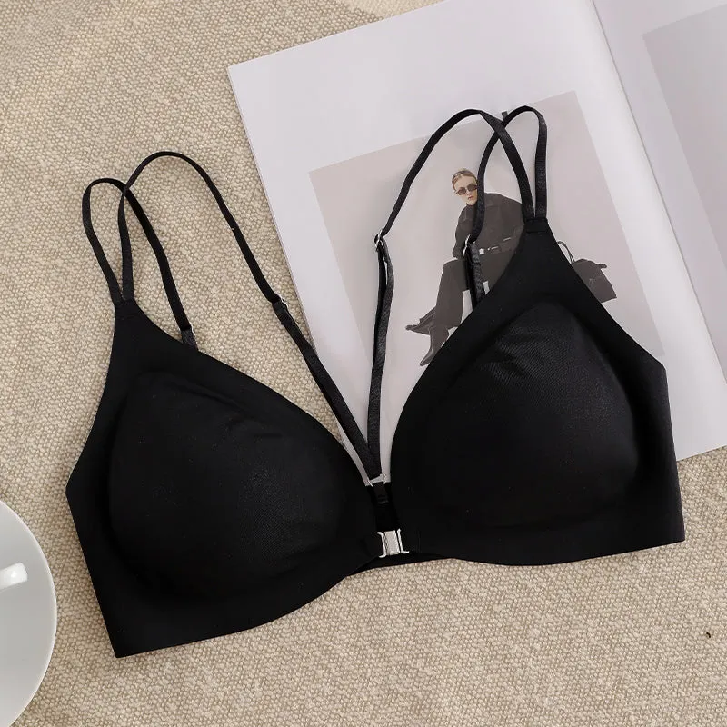 Front Closure Wireless Cross Straps Bra Black