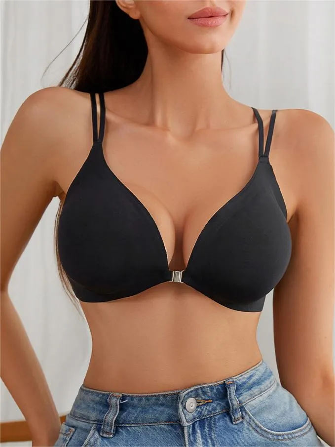 Front Closure Wireless Cross Straps Bra Black