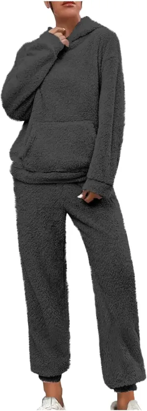 Fuzzy Pajamas Set Women Plus Size Winter Lounge Set Warm Fluffy Sleepwear Casual Hoodies and Pants Sets Comfy Pj Set