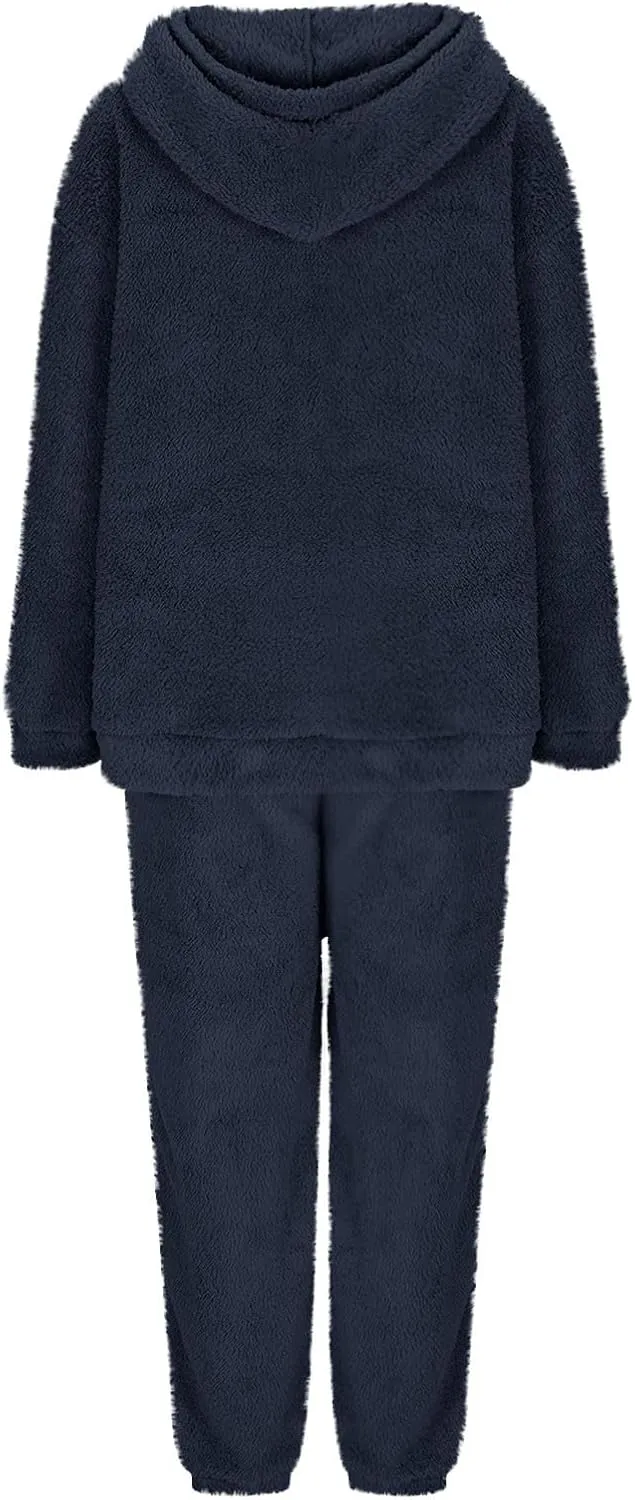 Fuzzy Pajamas Set Women Plus Size Winter Lounge Set Warm Fluffy Sleepwear Casual Hoodies and Pants Sets Comfy Pj Set