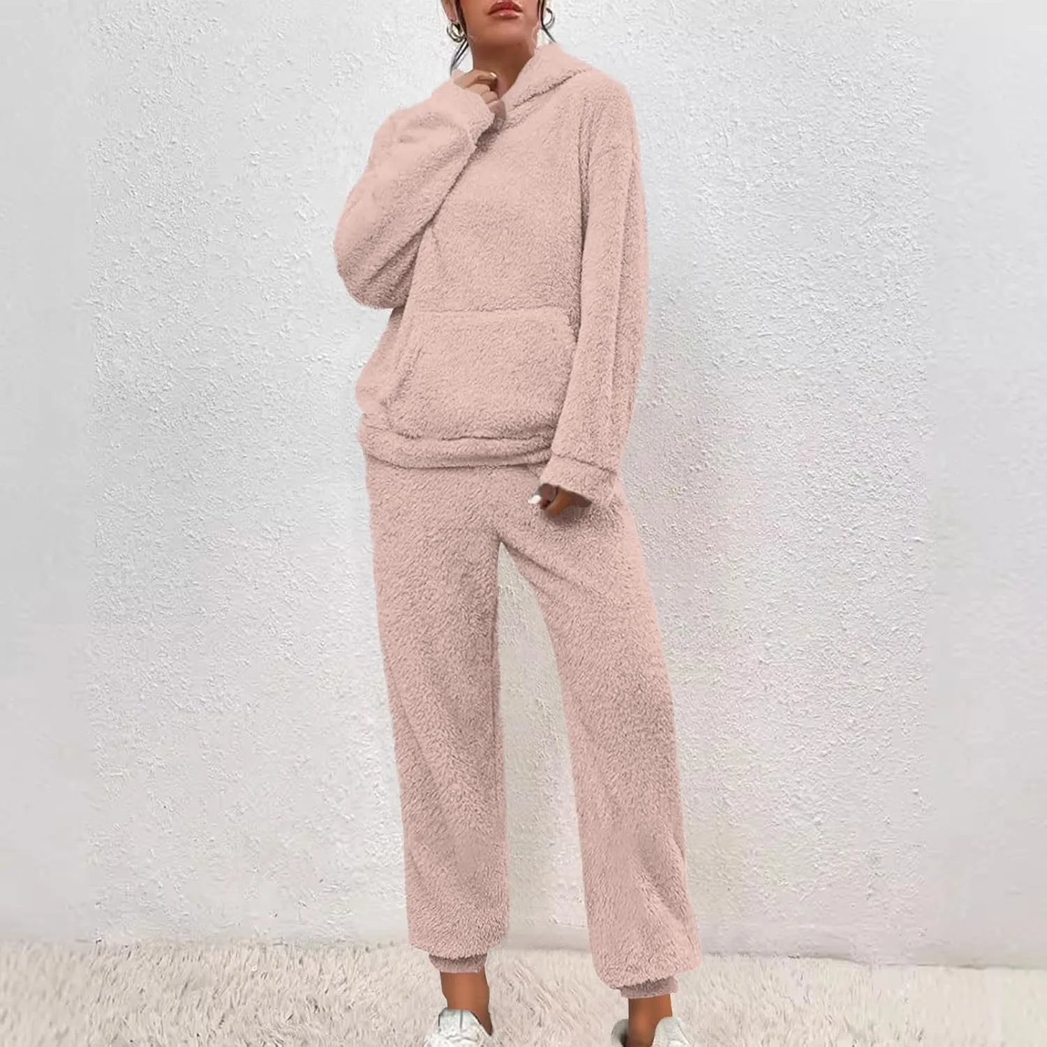 Fuzzy Pajamas Set Women Plus Size Winter Lounge Set Warm Fluffy Sleepwear Casual Hoodies and Pants Sets Comfy Pj Set