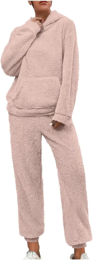 Fuzzy Pajamas Set Women Plus Size Winter Lounge Set Warm Fluffy Sleepwear Casual Hoodies and Pants Sets Comfy Pj Set