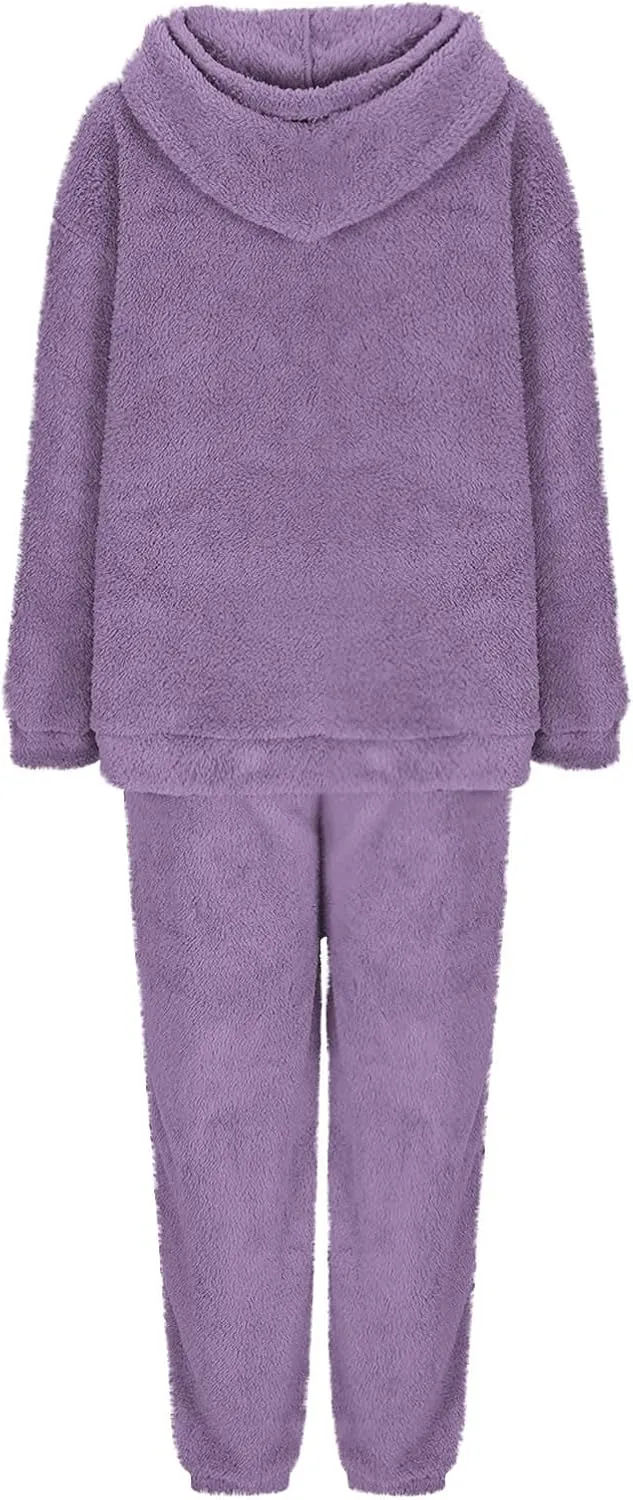 Fuzzy Pajamas Set Women Plus Size Winter Lounge Set Warm Fluffy Sleepwear Casual Hoodies and Pants Sets Comfy Pj Set