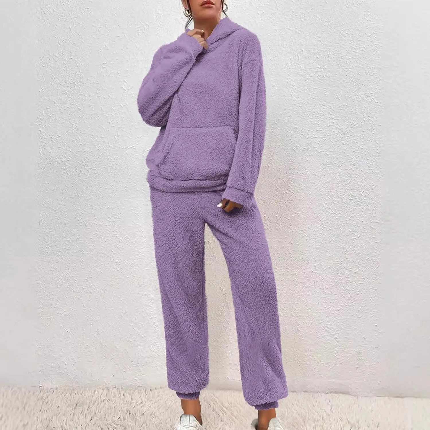 Fuzzy Pajamas Set Women Plus Size Winter Lounge Set Warm Fluffy Sleepwear Casual Hoodies and Pants Sets Comfy Pj Set