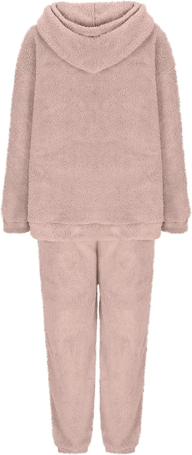 Fuzzy Pajamas Set Women Plus Size Winter Lounge Set Warm Fluffy Sleepwear Casual Hoodies and Pants Sets Comfy Pj Set