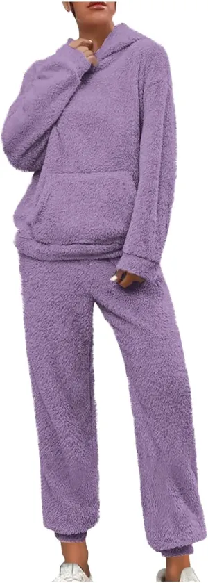 Fuzzy Pajamas Set Women Plus Size Winter Lounge Set Warm Fluffy Sleepwear Casual Hoodies and Pants Sets Comfy Pj Set