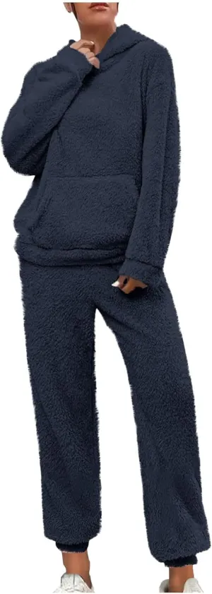 Fuzzy Pajamas Set Women Plus Size Winter Lounge Set Warm Fluffy Sleepwear Casual Hoodies and Pants Sets Comfy Pj Set