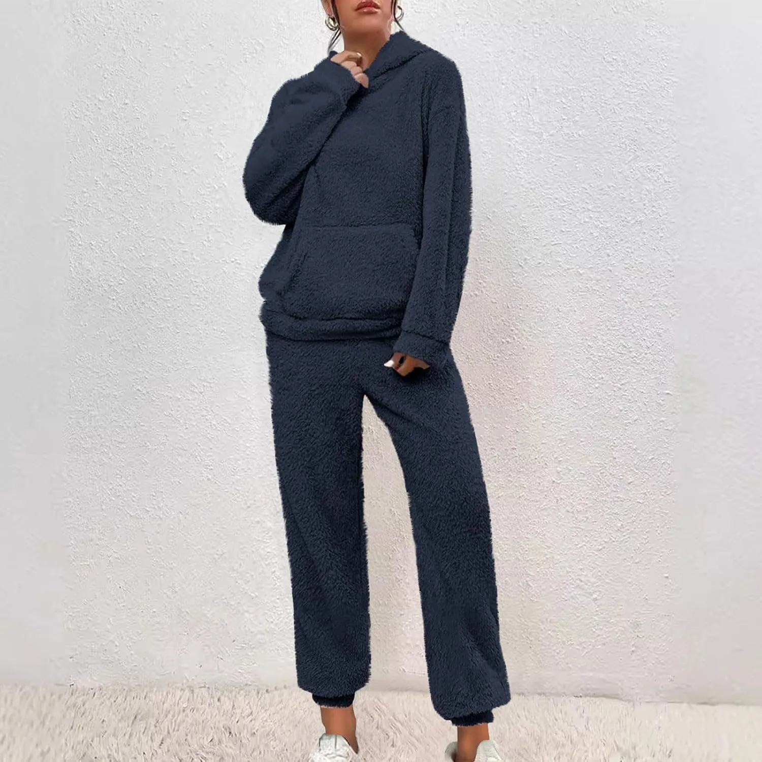 Fuzzy Pajamas Set Women Plus Size Winter Lounge Set Warm Fluffy Sleepwear Casual Hoodies and Pants Sets Comfy Pj Set