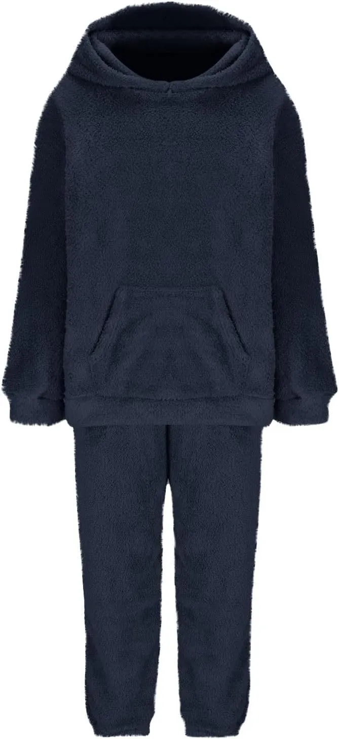 Fuzzy Pajamas Set Women Plus Size Winter Lounge Set Warm Fluffy Sleepwear Casual Hoodies and Pants Sets Comfy Pj Set