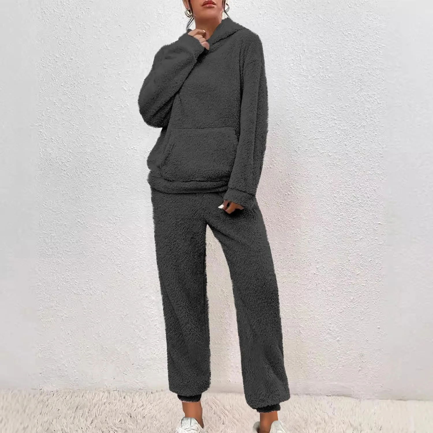 Fuzzy Pajamas Set Women Plus Size Winter Lounge Set Warm Fluffy Sleepwear Casual Hoodies and Pants Sets Comfy Pj Set