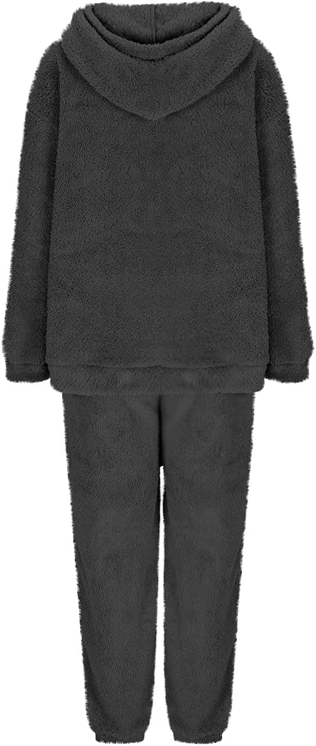 Fuzzy Pajamas Set Women Plus Size Winter Lounge Set Warm Fluffy Sleepwear Casual Hoodies and Pants Sets Comfy Pj Set