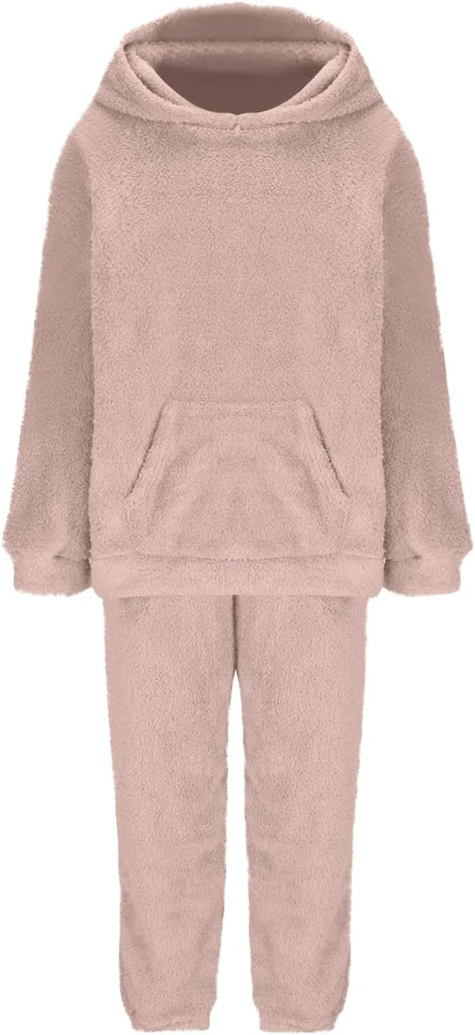 Fuzzy Pajamas Set Women Plus Size Winter Lounge Set Warm Fluffy Sleepwear Casual Hoodies and Pants Sets Comfy Pj Set