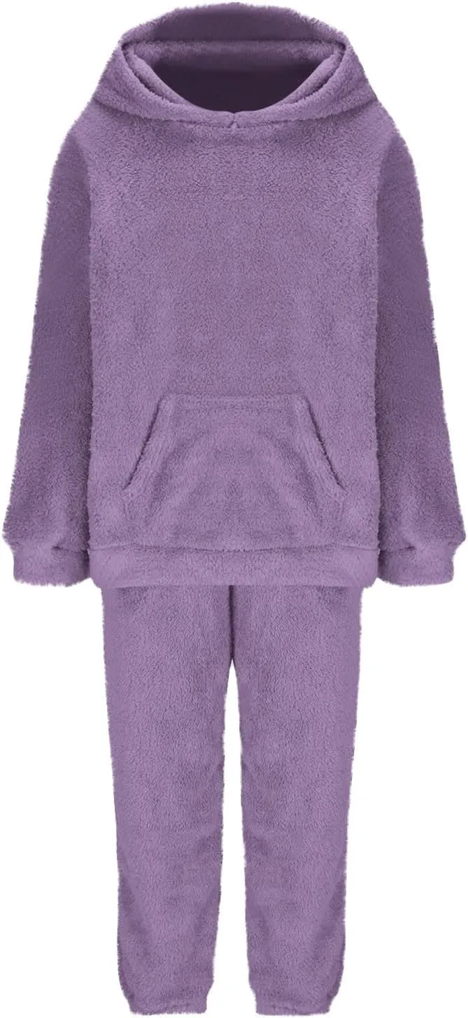 Fuzzy Pajamas Set Women Plus Size Winter Lounge Set Warm Fluffy Sleepwear Casual Hoodies and Pants Sets Comfy Pj Set