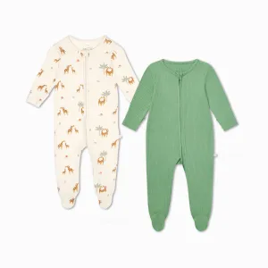 Giraffe & Ribbed Clever Zip Baby Pajamas 2 Pack