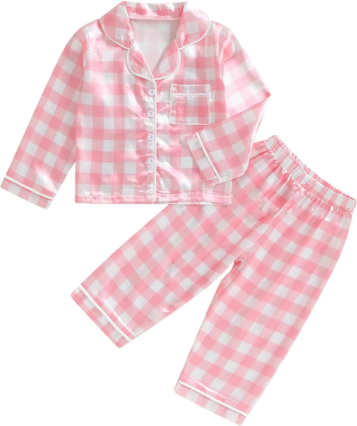Girls Silk Pajamas Baby Plaid Print Button Up Long Sleeves Shirt   Elastic Pants Loungewear Toddler Sleepwear