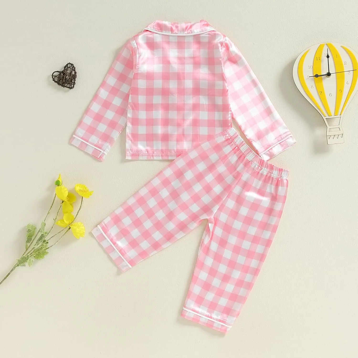 Girls Silk Pajamas Baby Plaid Print Button Up Long Sleeves Shirt   Elastic Pants Loungewear Toddler Sleepwear