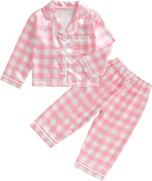 Girls Silk Pajamas Baby Plaid Print Button Up Long Sleeves Shirt   Elastic Pants Loungewear Toddler Sleepwear