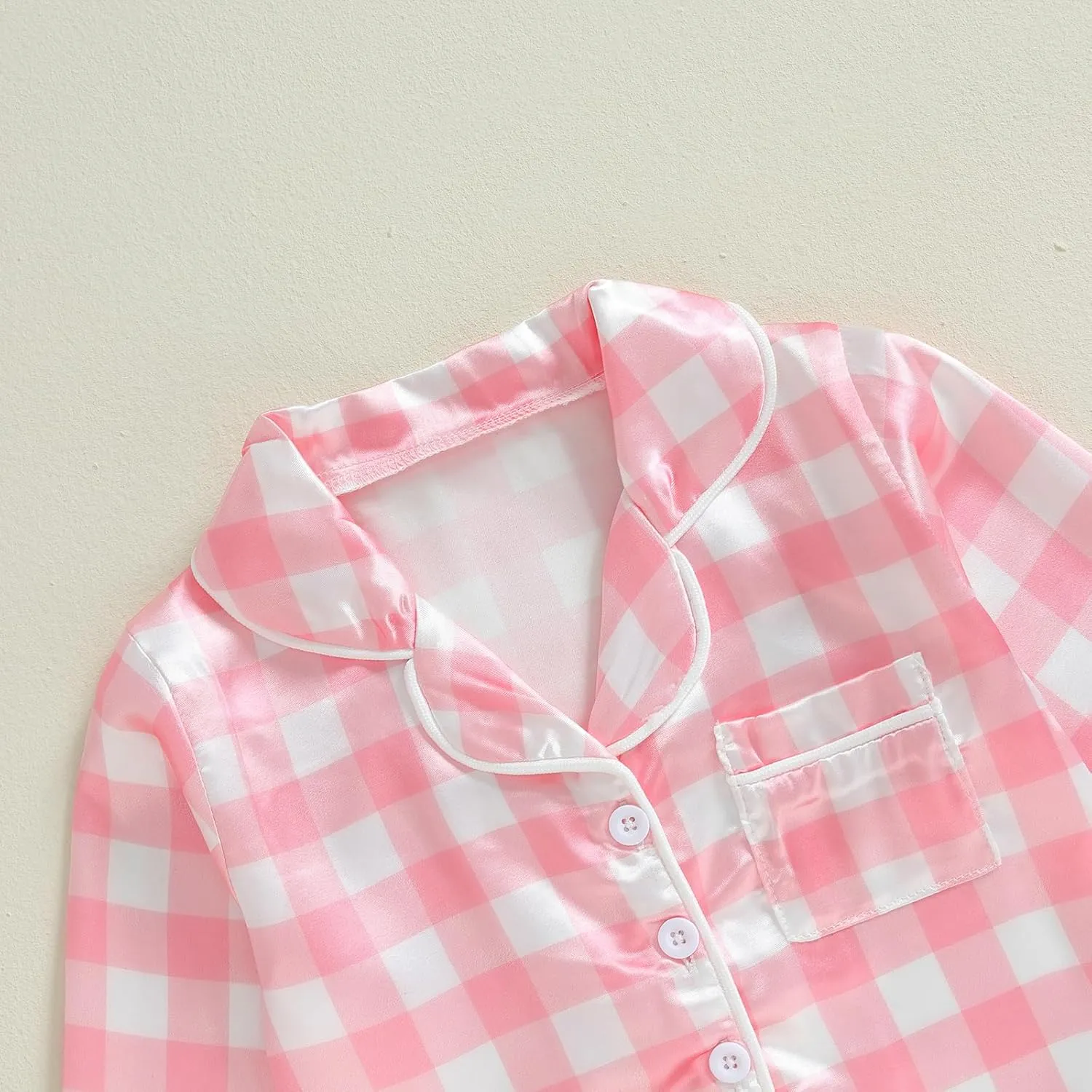 Girls Silk Pajamas Baby Plaid Print Button Up Long Sleeves Shirt   Elastic Pants Loungewear Toddler Sleepwear