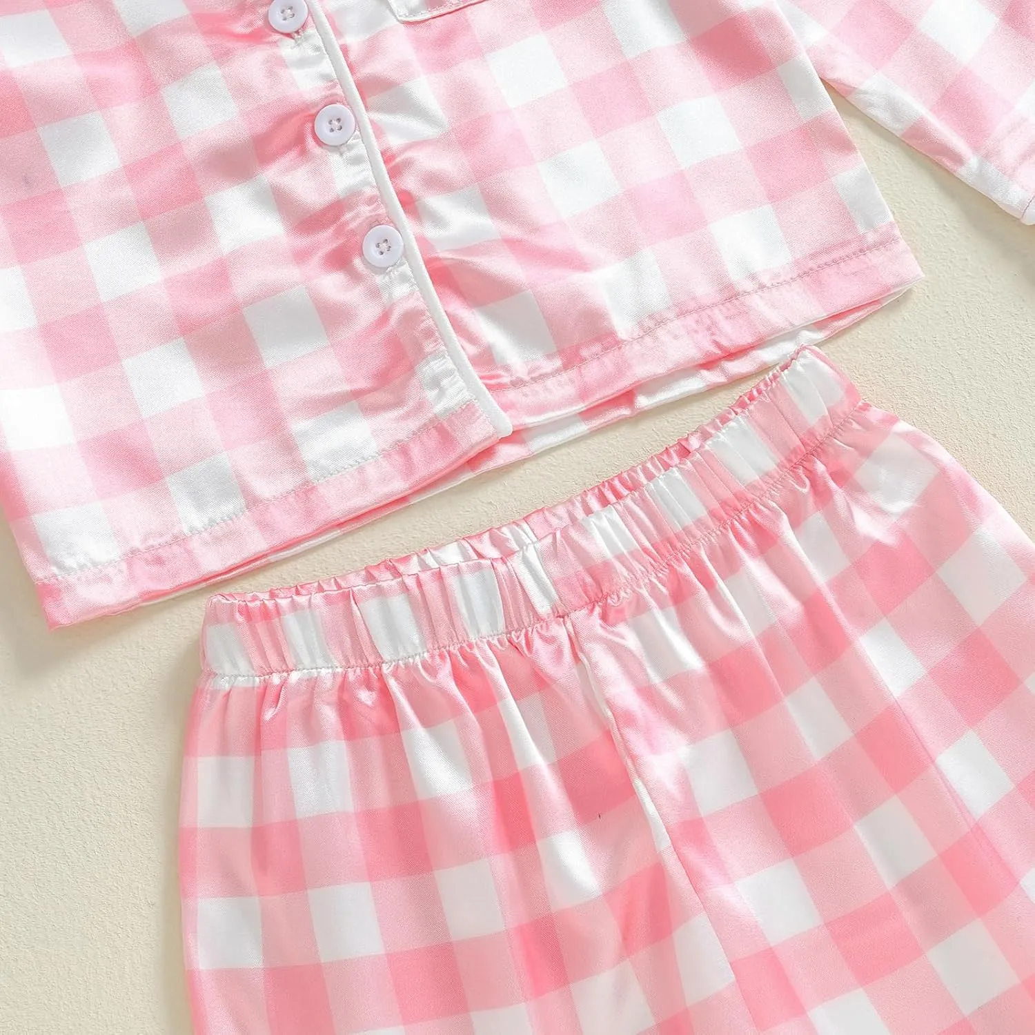 Girls Silk Pajamas Baby Plaid Print Button Up Long Sleeves Shirt   Elastic Pants Loungewear Toddler Sleepwear