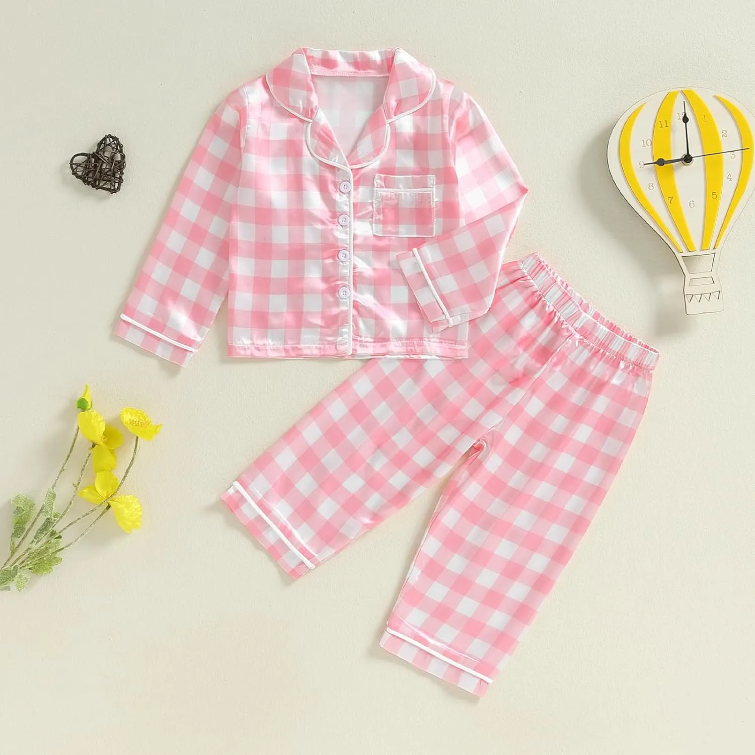 Girls Silk Pajamas Baby Plaid Print Button Up Long Sleeves Shirt   Elastic Pants Loungewear Toddler Sleepwear
