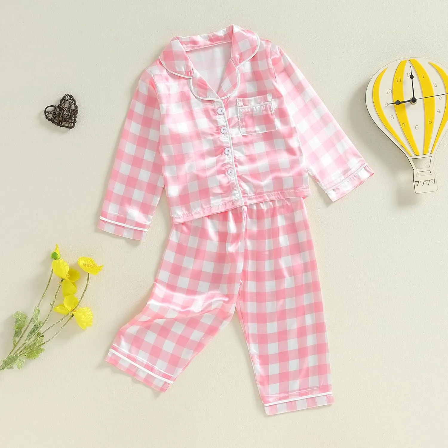 Girls Silk Pajamas Baby Plaid Print Button Up Long Sleeves Shirt   Elastic Pants Loungewear Toddler Sleepwear