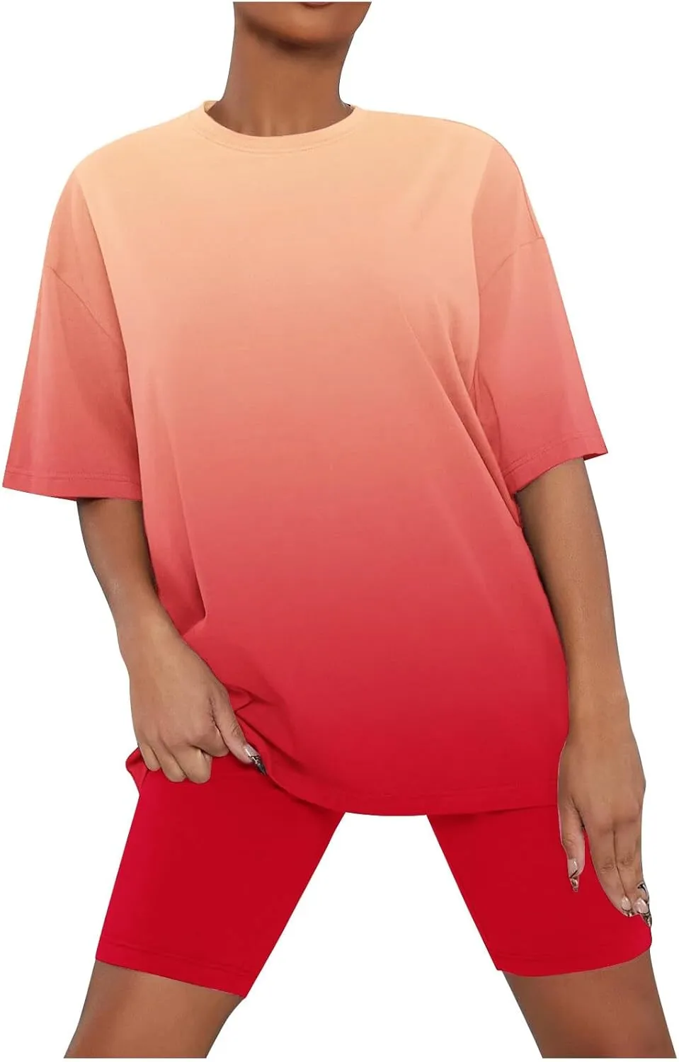 Gradient Sets for Women 2 Piece Pajama Set Summer Soft Tracksuits Oversized Short Sleeve Tee Tops and Biker Shorts