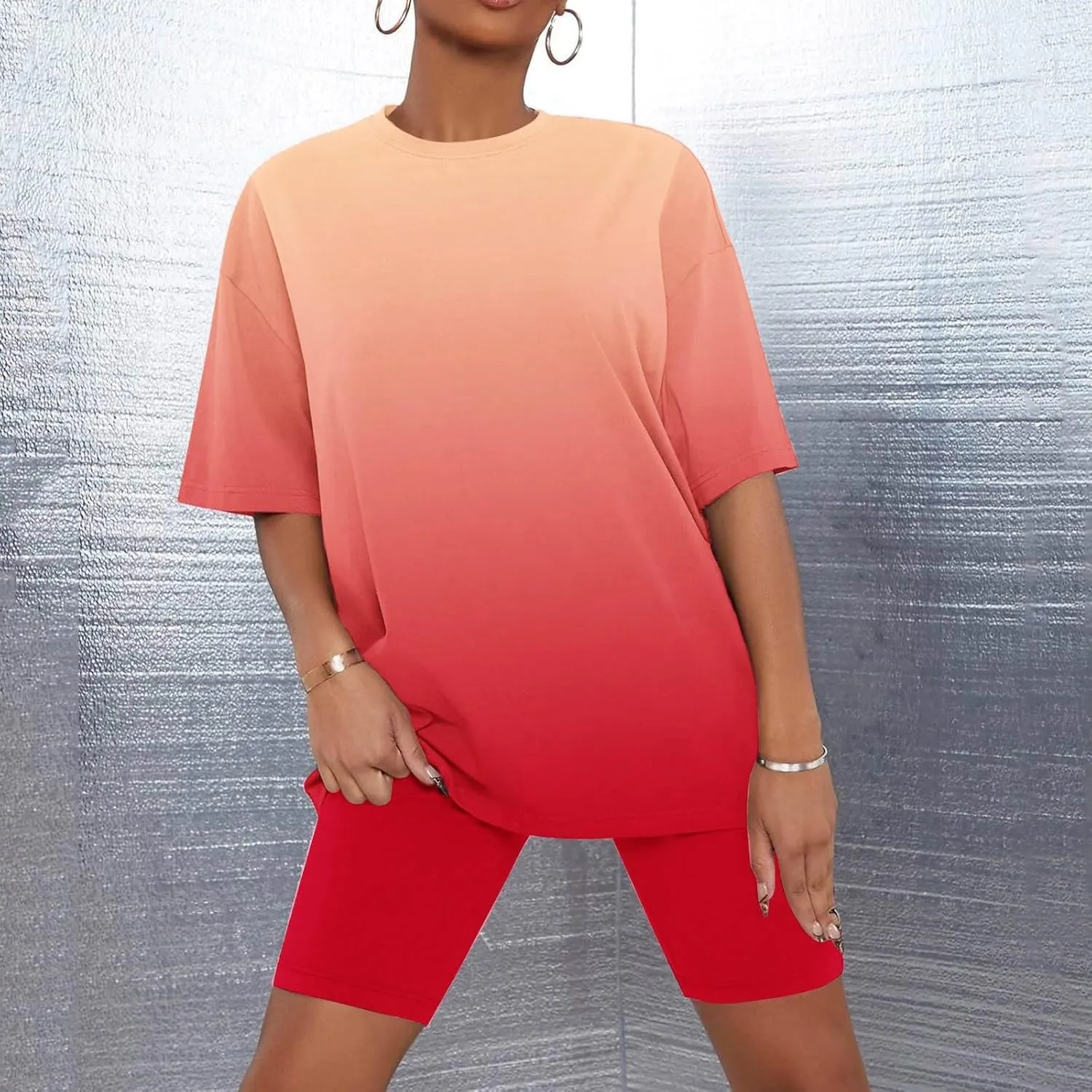 Gradient Sets for Women 2 Piece Pajama Set Summer Soft Tracksuits Oversized Short Sleeve Tee Tops and Biker Shorts