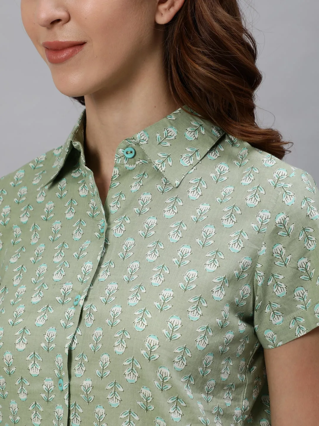 Green Ethnic Print Cotton Loungwear Set with Side Pockets