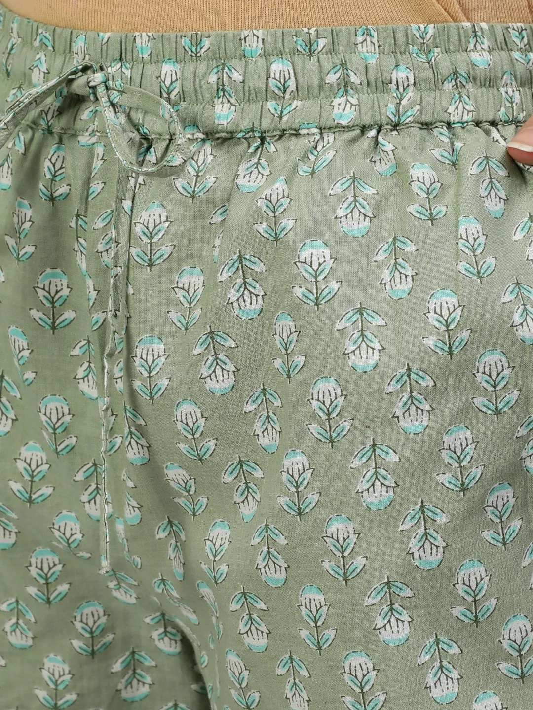 Green Ethnic Print Cotton Loungwear Set with Side Pockets