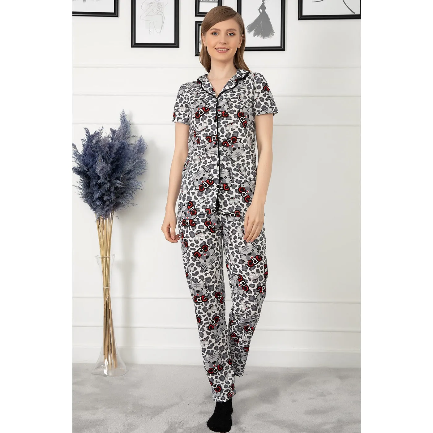 Grey Buttoned Short Sleeve Pajamas Se