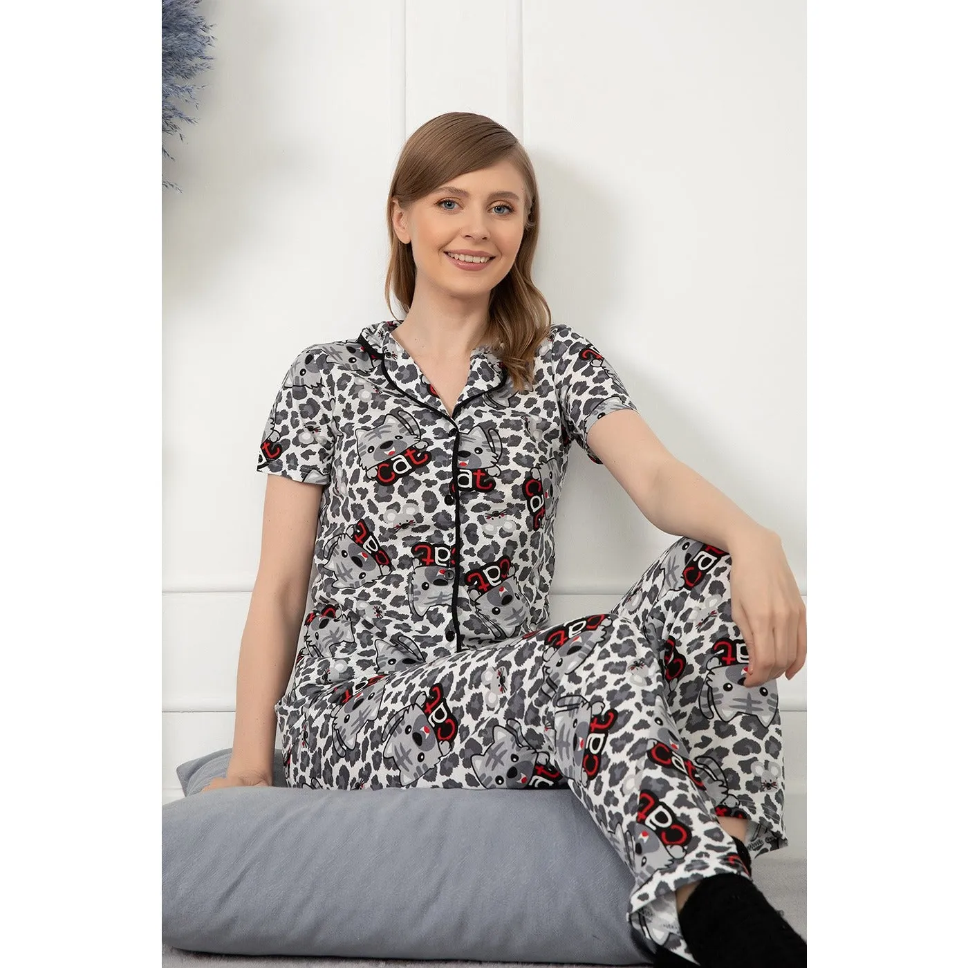 Grey Buttoned Short Sleeve Pajamas Se