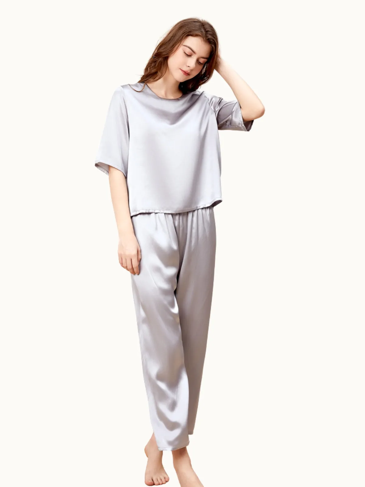 Grey Silk Pullover Pajama Set for Women