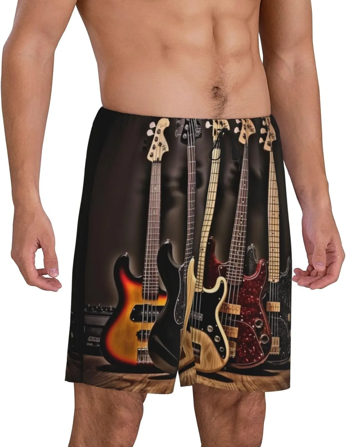 Guitar Bass Music Musical Instruments Print Men's Short Pajama Pants, Comfortable, and Breathable Sleepwear with Side Pockets