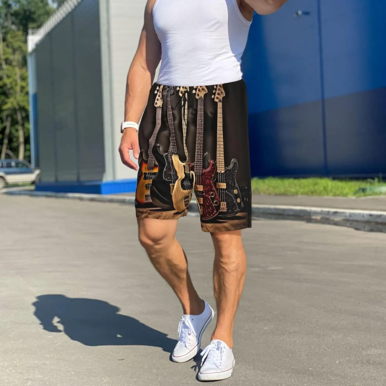 Guitar Bass Music Musical Instruments Print Men's Short Pajama Pants, Comfortable, and Breathable Sleepwear with Side Pockets