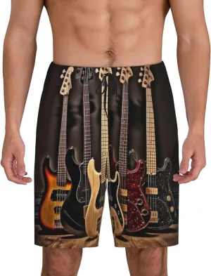 Guitar Bass Music Musical Instruments Print Men's Short Pajama Pants, Comfortable, and Breathable Sleepwear with Side Pockets