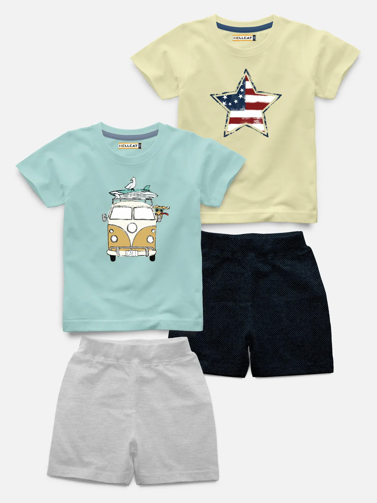 Half Sleeve Printed Tshirt with Comfy Solid Shorts for Infants & Boys - Pack of 4 (2 T-shirt & 2 short)