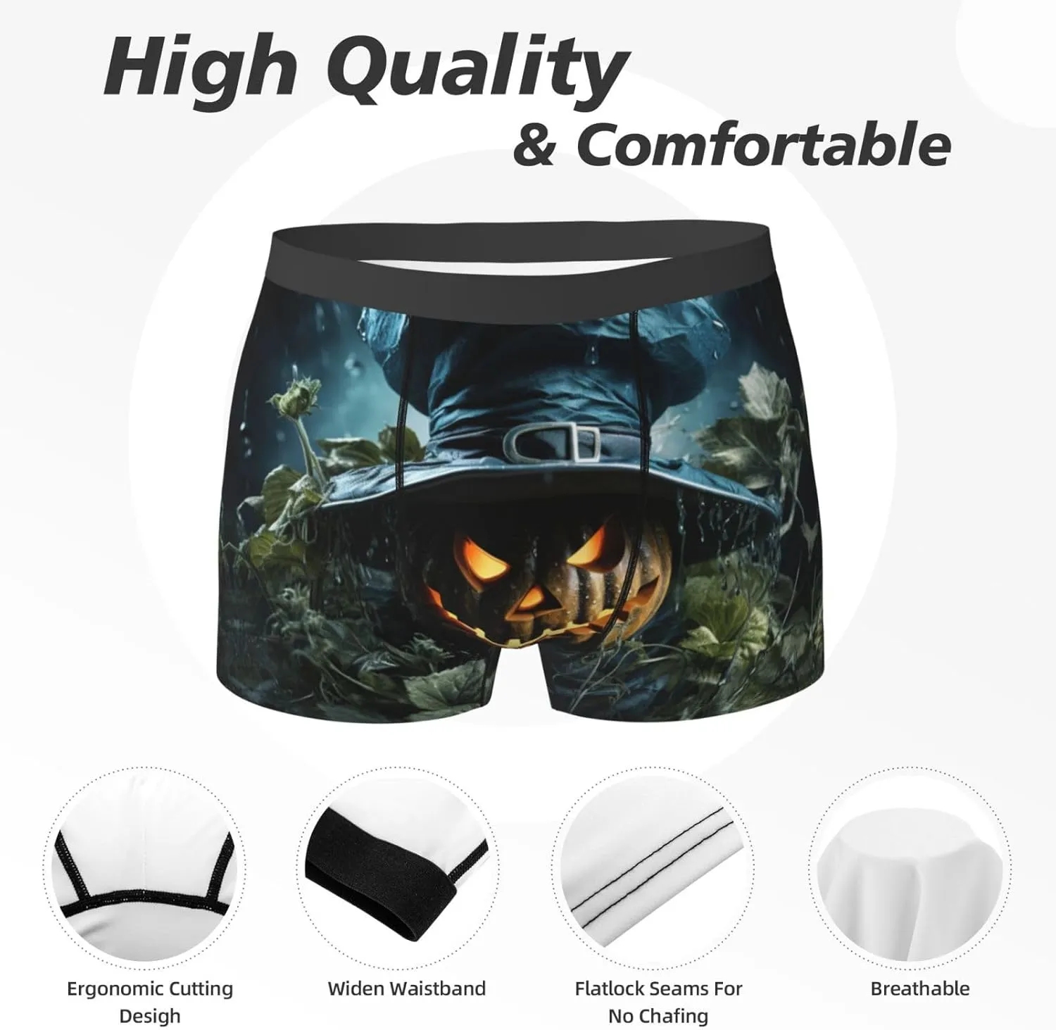 Halloween cartoon print Mens Underwear Boxer Briefs Breathable Soft Moisture Wicking with Fly Underwear for Men
