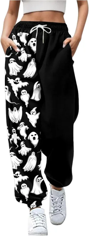 Halloween Sweatpants for Women Cinch Bottom Ghost Print Jogger Pants Drawstring High Waist Workout Trousers Pockets