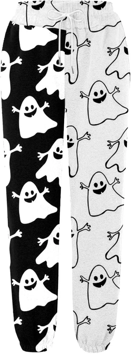 Halloween Sweatpants for Women Cinch Bottom Ghost Print Jogger Pants Drawstring High Waist Workout Trousers Pockets