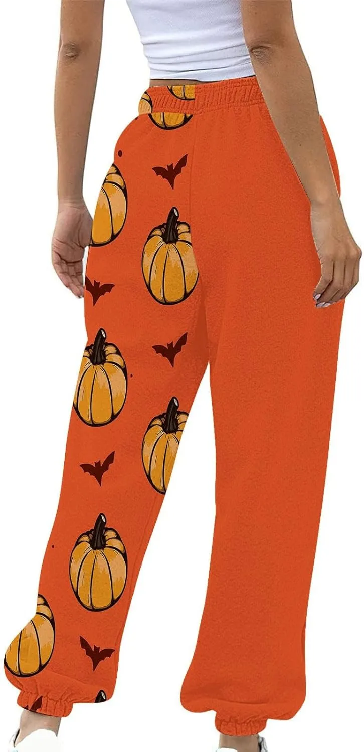 Halloween Sweatpants for Women Cinch Bottom Ghost Print Jogger Pants Drawstring High Waist Workout Trousers Pockets