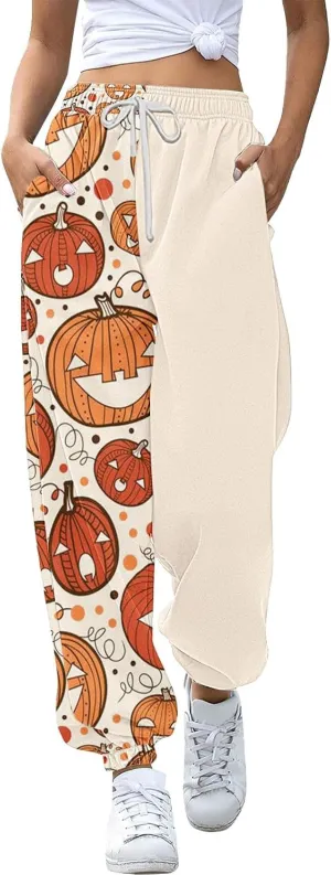 Halloween Sweatpants for Women Cinch Bottom Ghost Print Jogger Pants Drawstring High Waist Workout Trousers Pockets
