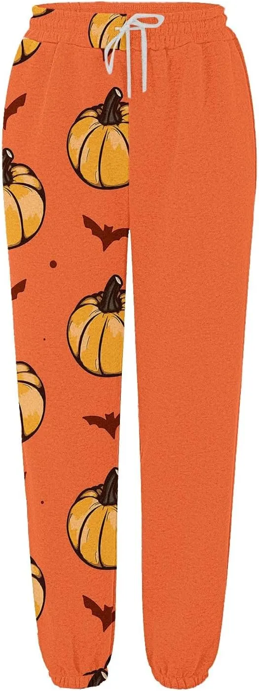 Halloween Sweatpants for Women Cinch Bottom Ghost Print Jogger Pants Drawstring High Waist Workout Trousers Pockets