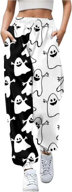 Halloween Sweatpants for Women Cinch Bottom Ghost Print Jogger Pants Drawstring High Waist Workout Trousers Pockets